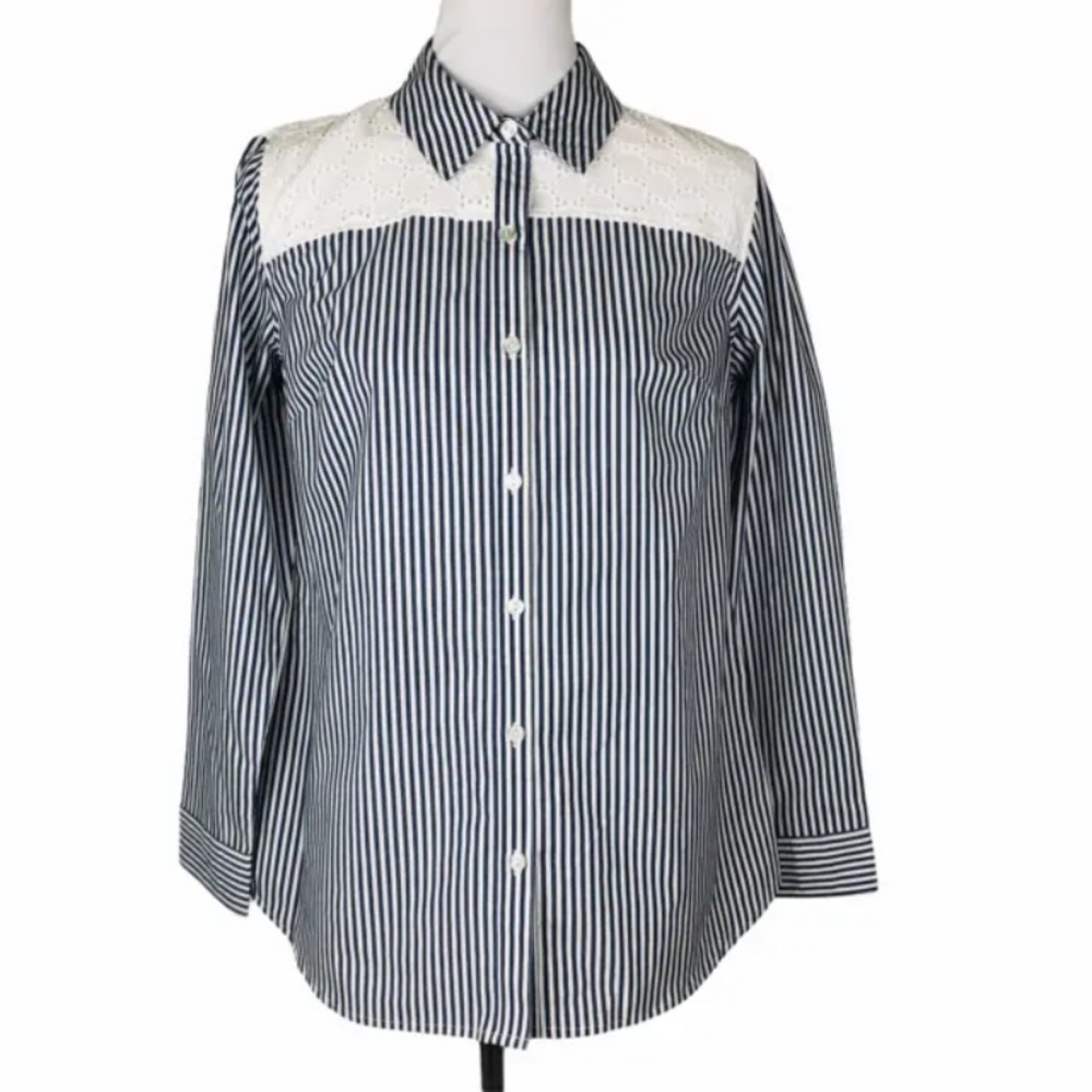 Studio Denim & Company Stripe Eyelet Button Down Shirt XS